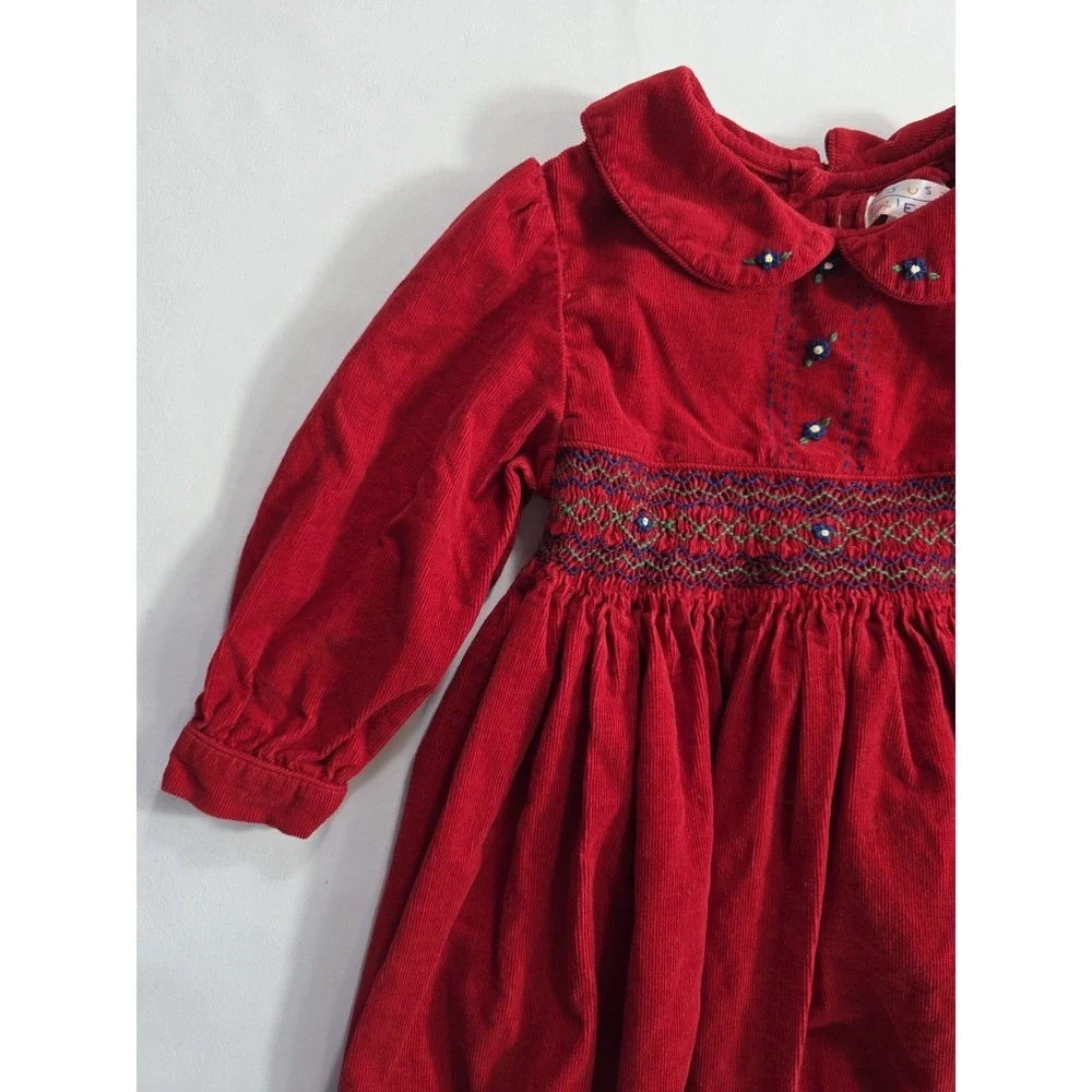Vintage Just Friends Baby Girl Red Corduroy Dress Smocked Collar 2T Holiday